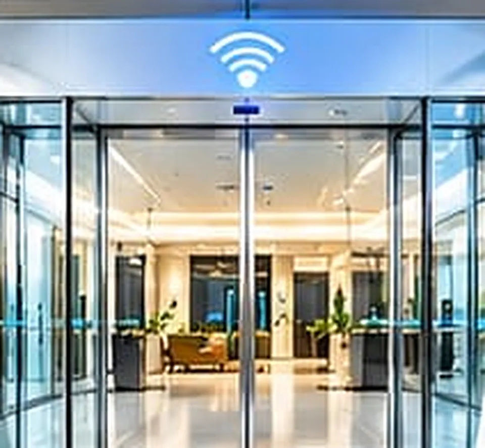 Automatic sliding glass doors at a building entrance